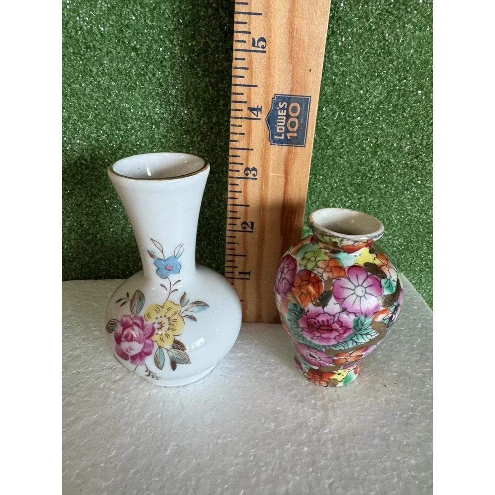 Vintage Miniature Porcelain Bud Vases Floral Millefleur Gold Trim Set of 2